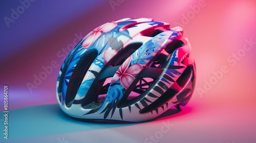 stylish bicycle helmet with floral design, isolated on a gradient background  photo