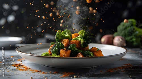 A plate of grilled broccoli served with roasted sweet potatoes photo
