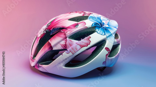 stylish bicycle helmet with floral design, isolated on a gradient background 