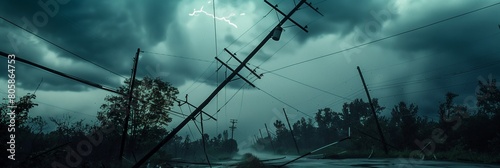 toppled power lines after a severe storm, overcast sky  photo