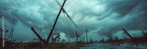 toppled power lines after a severe storm, overcast sky  photo