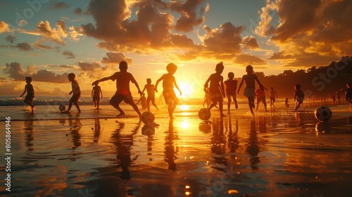 Children playing soccer on the beach against a beautiful sunset backdrop