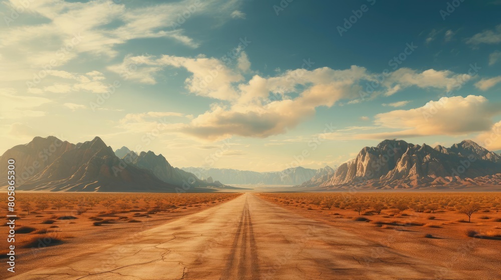 Desert road stretching endlessly under a blazing sun, bordered by sparse vegetation and distant mountains, perfect for a dramatic scene. 8K resolution
