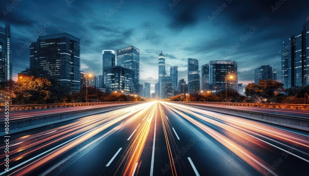Modern highway extending into a bustling cityscape at twilight, with glowing lights and skyscrapers, perfect for a dynamic urban background. 8K resolution