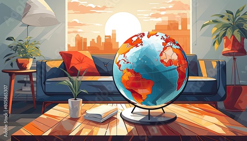 Couple looking at a globe in their living room, marking destinations they ve visited, symbolizing lifelong world travel. graphic design