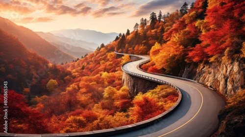 Narrow mountain road winding through autumncolored forests, with leaves in shades of orange and red, ideal for a seasonal backdrop. super detailed © Anapus
