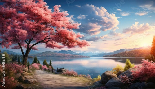 Picturesque road bending around a lake  lined with flowering trees and reflecting the sky  suitable for a serene and colorful background. Hyper realistic