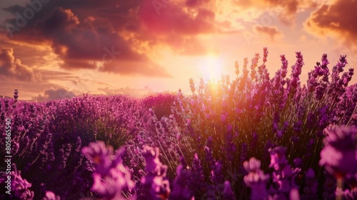 Sunlit lavender field at sunset vibrant purple flowers under a fiery sky golden hour lighting 