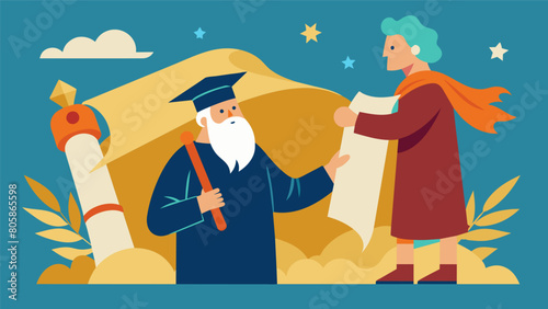 A scroll containing the Stoic wisdom of a renowned philosopher is transcribed by hand passed from student to student through the ages.. Vector illustration