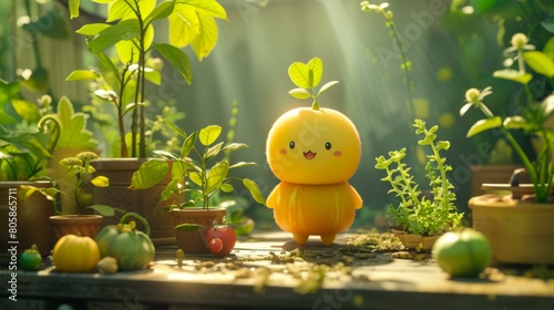 A small yellow bird character stands in front of plants. Generative AI.