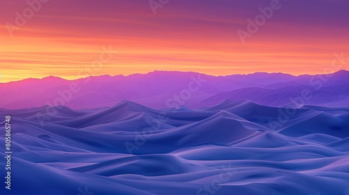 Sunrise paints unusual fractal patterns on undulating desert sand dunes with a vibrant orange and purple gradient sky as backdrop 
