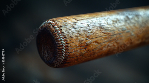 A close-up of a baseball bat making contact with a ball, wood grain and stitches visible