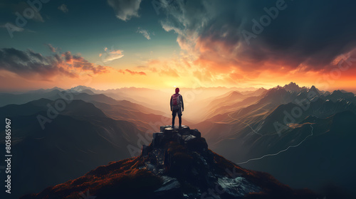 A man stands on the top of the mountain and looks at the mountains in the distance