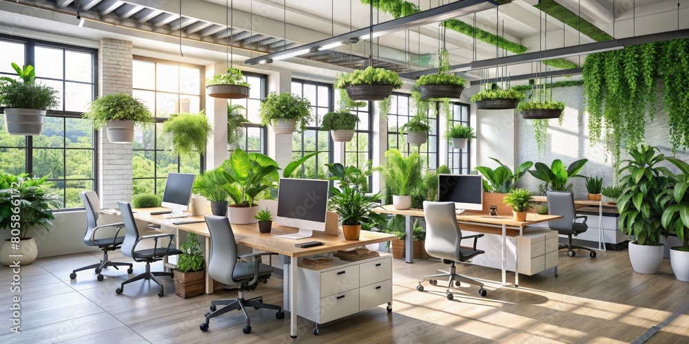 Modern office interior with computers and green plants in pots. Business concept AI generated