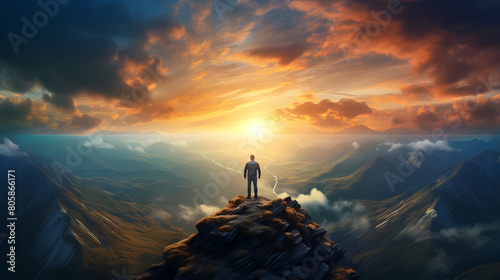 A man stands on the top of the mountain and looks at the mountains in the distance photo