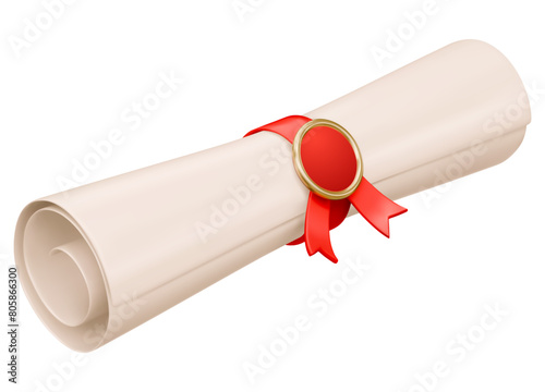 Diploma about graduation of university, college, school, education certificate, graduation degree, scroll tied with red ribbon with medal, close up, perspective view. 3d realistic Vector illustration