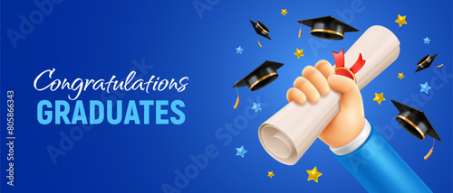 Congratulations Graduates. Celebration banner with a hand holding a diploma and raised up, square academic graduation caps thrown up on the blue background with place for text. Vector illustration