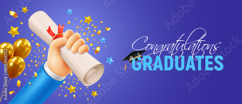 Congratulations Graduates. Celebration banner template with a hand holding a diploma and raised up, golden balloons, stars and confetti on the blue background with place for text. Vector illustration