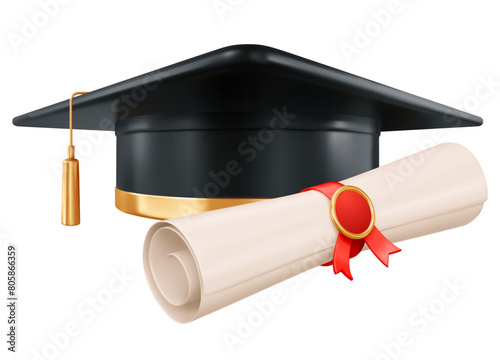 Square academic cap, black graduation hat or mortarboard with golden tassel, for graduates of college, school, university, and rolled diploma with red ribbon. 3d realistic isolated vector illustration