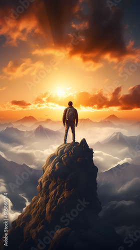 A man stands on the top of the mountain and looks at the mountains in the distance