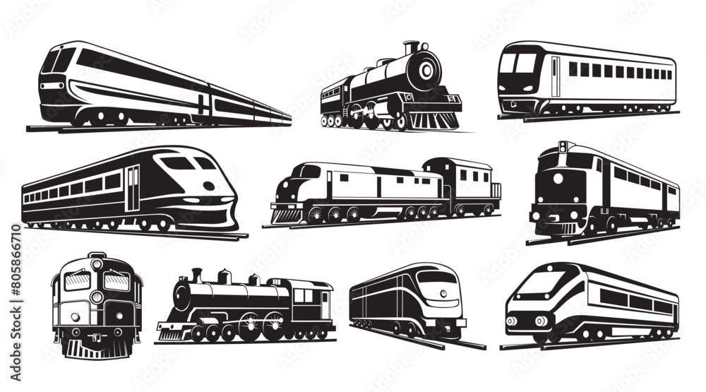 Obraz premium Modern and retro train silhouettes railways carriage black and white set isometric vector