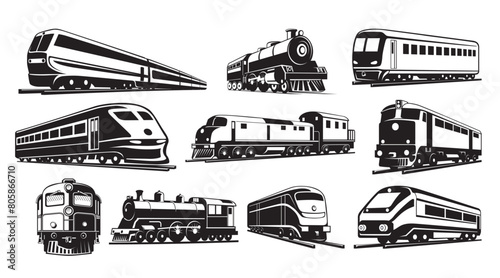 Modern and retro train silhouettes railways carriage black and white set isometric vector