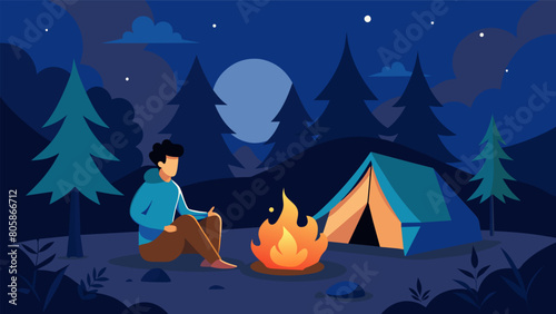 A solitary camper sitting by a crackling fire listening to the sounds of the woods at night.. Vector illustration
