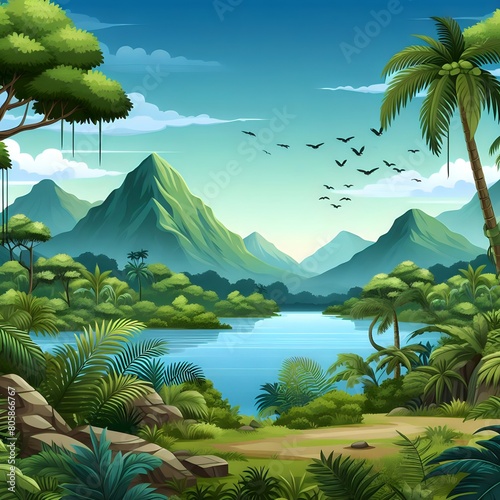 Animated image of mountain and plams trees and lake  photo