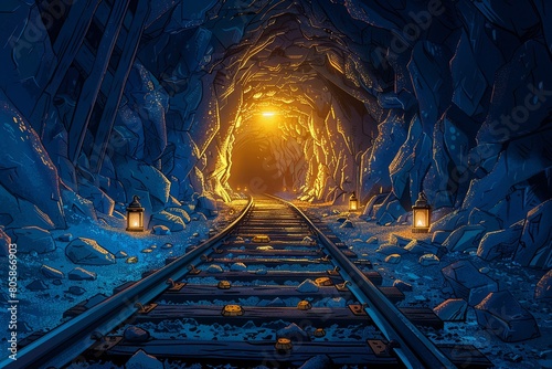 long mine railroad tunnel with light shining at the end, lanterns, ground covered in rocks and gold nuggets, cartoon art style photo