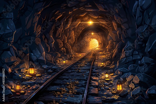 long mine railroad tunnel with light shining at the end, lanterns, ground covered in rocks and gold nuggets, cartoon art style photo