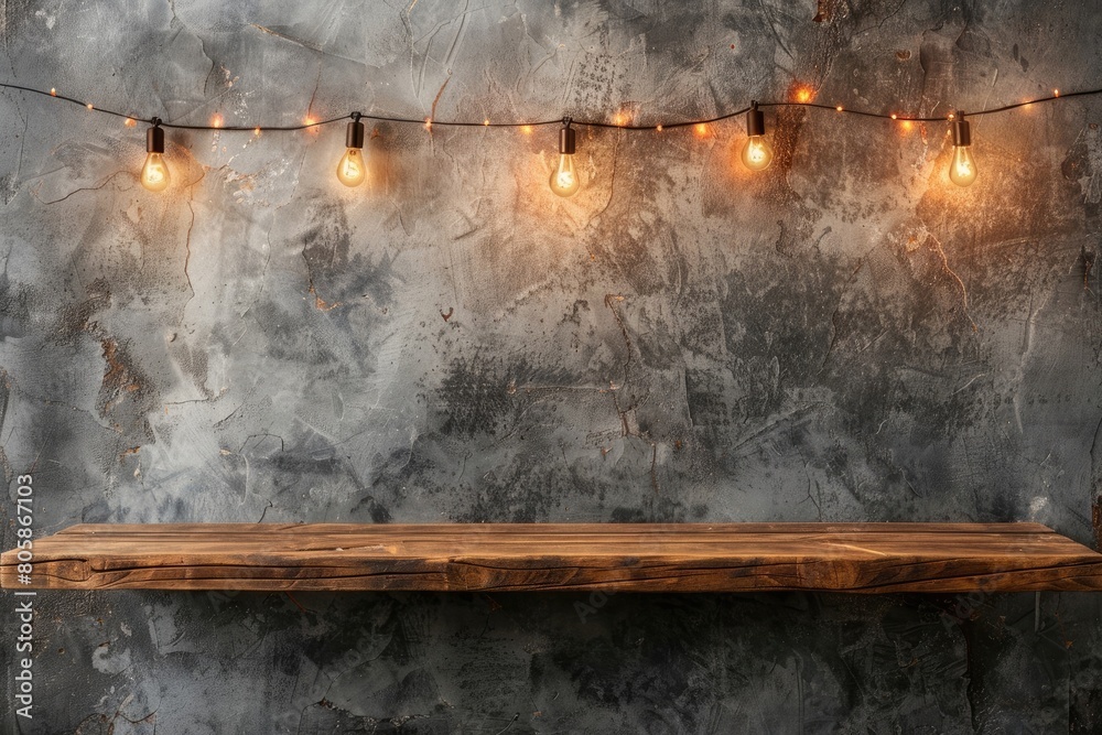 Empty brown wood plank board shelf at grunge concrete wall with light bulb string party background ,Mock up for display or montage of product or design
