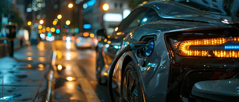 Zoomedin image of electric vehicle EV charging port connection, showcasing the technology that powers sustainable transportation solutions , cinematic