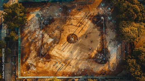 A baseball diamond from a bird s eye view  players positioned for the next play