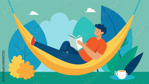 A person sitting in a hammock reading a book with a cup of tea next to them. The image encourages individuals to slow down and make time for selfcare.