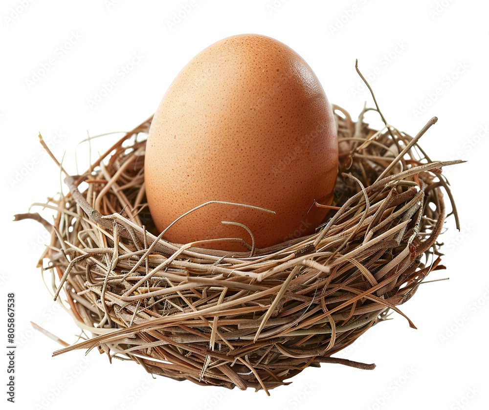 Brown egg within a rustic nest made of interwoven twigs and straw, cut out Brown egg within a rustic nest made of interwoven twigs and straw, cut out