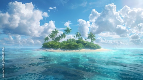 An island in the middle of ocean with blue sky and white clouds, small tropical jungle on it, small sandy beach, bright sunny day, palm trees