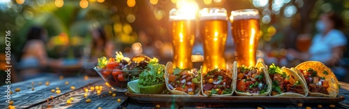 Delicious tacos, beer, mexican food, salad and wine on backyard table with happy people in background，Joyful People Enjoying Mexican Cuisine and Picnic Feast in the Backyard