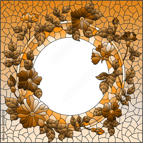 Illustration in the stained glass style with a frame with flowers , rectangle image, tone brown