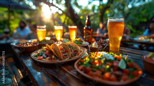 Delicious tacos, beer, mexican food, salad and wine on backyard table with happy people in background，Joyful People Enjoying Mexican Cuisine and Picnic Feast in the Backyard

 photo