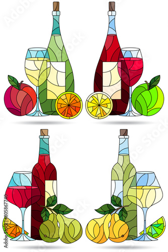 Set of contour illustrations in the style of stained glass with compositions of wine and fruit, dark outlines on a white background