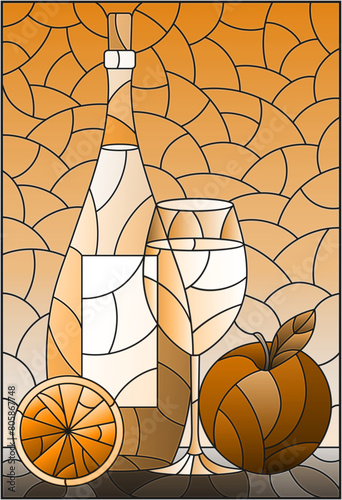 Illustration in the style of a stained glass window with a still life, a bottle of red wine, a glass and fruit, a rectangular image, tone brown
