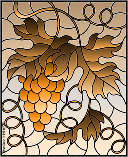 The illustration in stained glass style painting with a bunch of grapes and leaves , tone brown