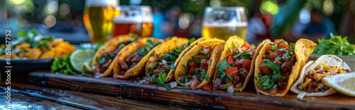 Delicious tacos, beer, mexican food, salad and wine on backyard table with happy people in background，Joyful People Enjoying Mexican Cuisine and Picnic Feast in the Backyard