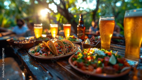 Delicious tacos  beer  mexican food  salad and wine on backyard table with happy people in background   Joyful People Enjoying Mexican Cuisine and Picnic Feast in the Backyard  