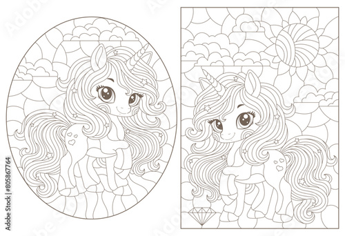 A set of contour illustrations in the style of stained glass with cute cartoon unicorns in the sky, dark outlines on a white background