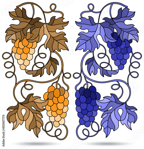 A set of illustrations in the style of stained glass with grape vines isolated on a white background, tone blue and brown