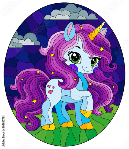 A stained glass illustration with a cute cartoon unicorn on a cloudy sky background