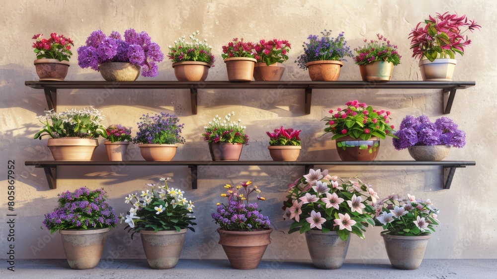 Shelves against the background of the wall, on the shelves there are beautiful pots with different flowers. Shelves against the background of the wall, on the shelves there are beautiful pots with different flowers.