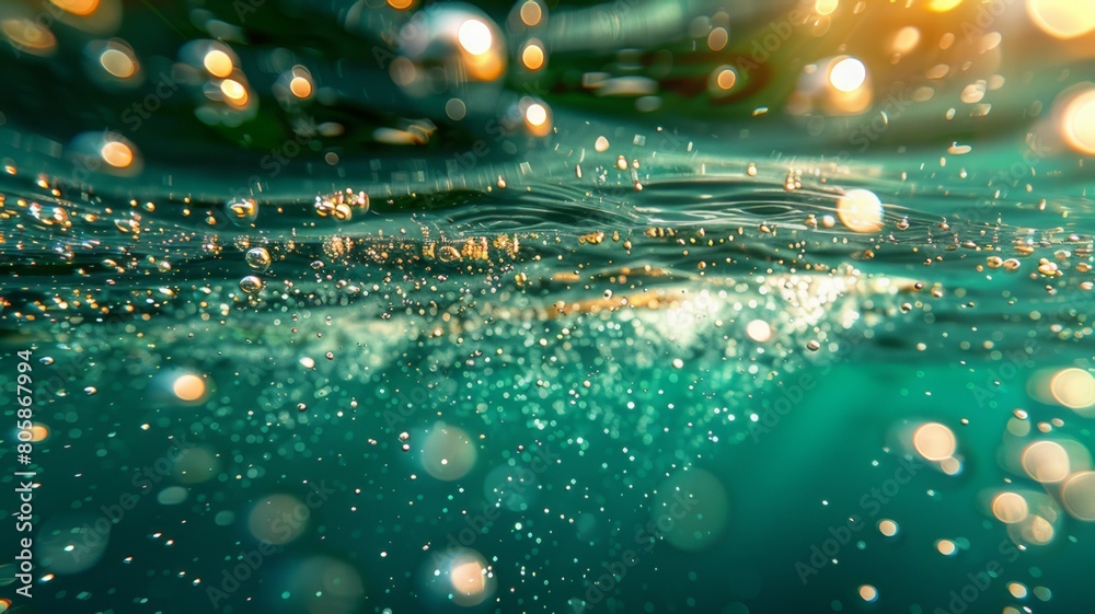 Bubbles and bokeh under sea water. Sea water is green in color. Stock