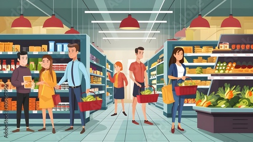 People in grocery supermarket. Store interior cartoon background. Shelf inside shop and mall aisle with food on rack. Woman holding basket in mall gastronomy department with vegetable showcase design  photo